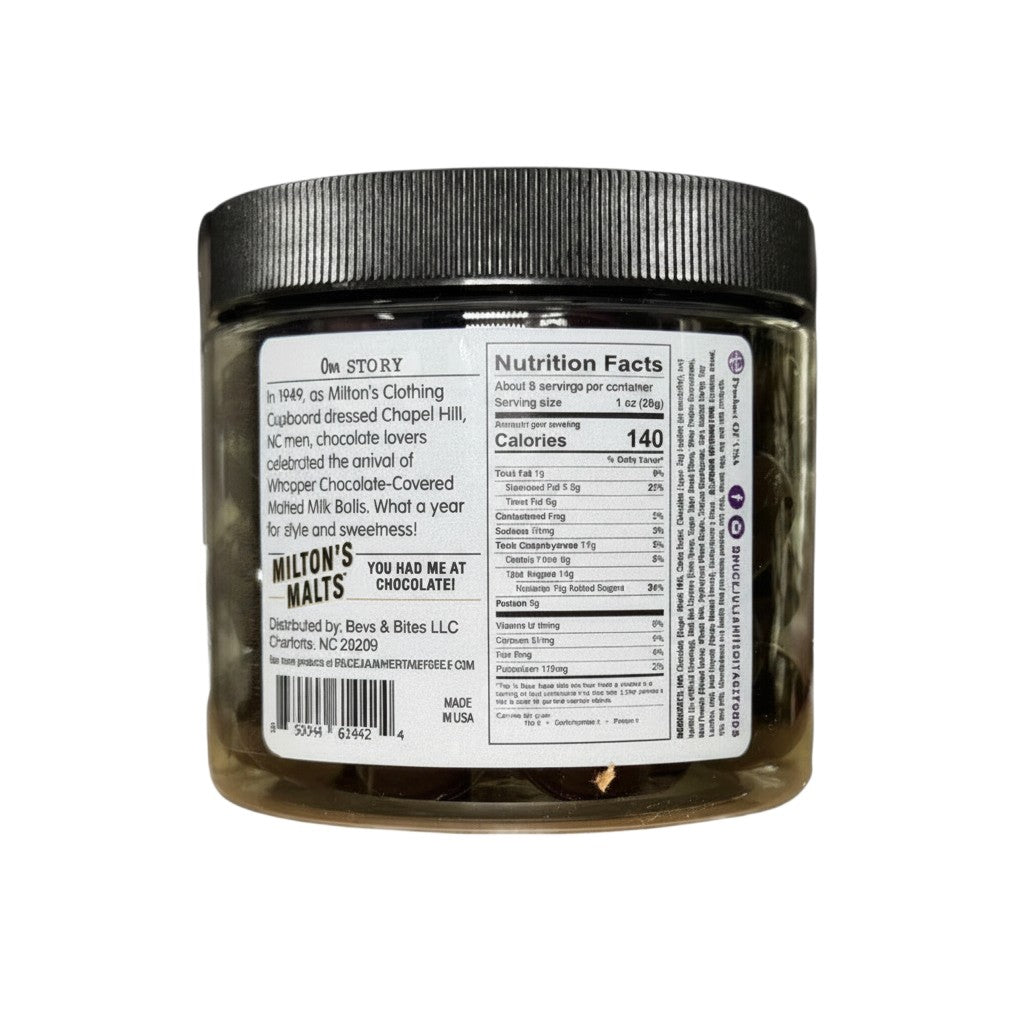 The Strawberry Shop Bruce Julian Heritage Foods Milton's Malts chocolate-covered malted milk balls in a glass jar.