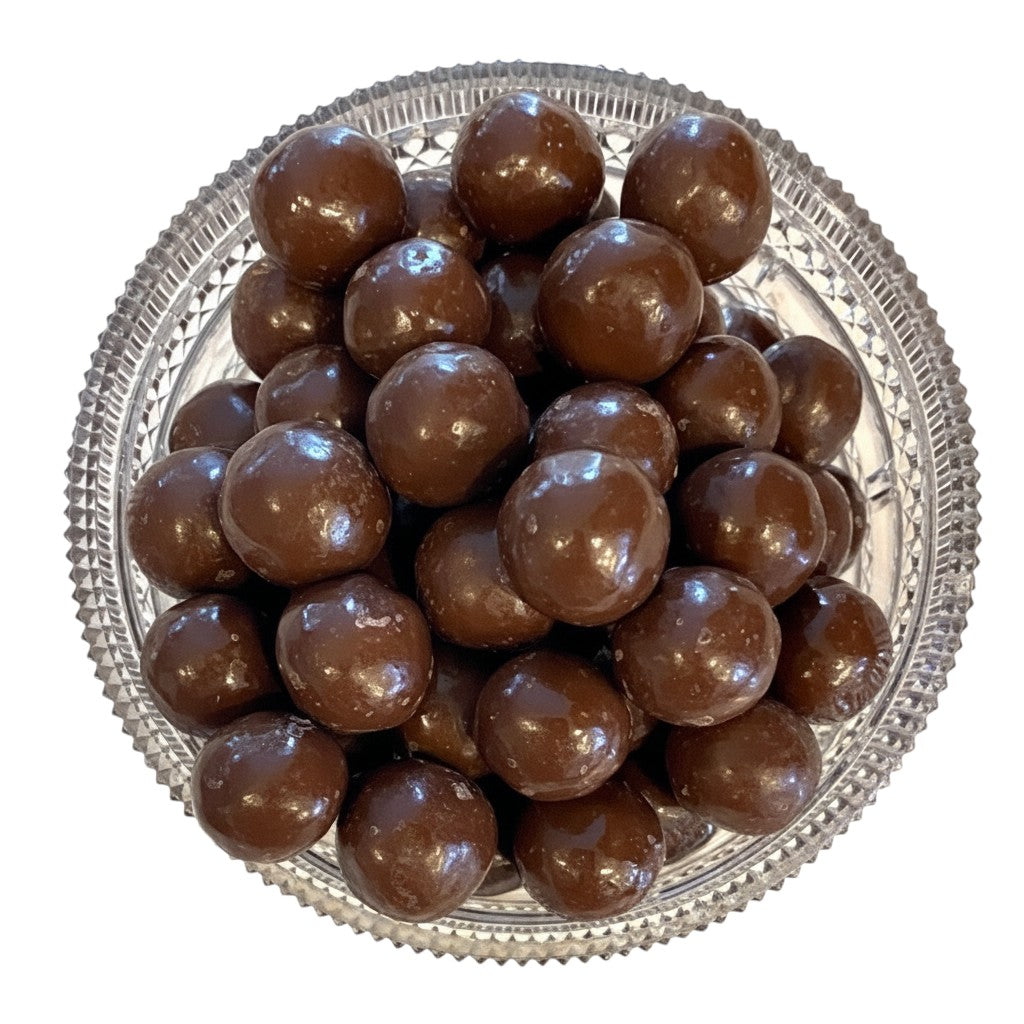 The Strawberry Shop Bruce Julian Heritage Foods Milton's Malts chocolate malted milk balls in a crystal bowl.