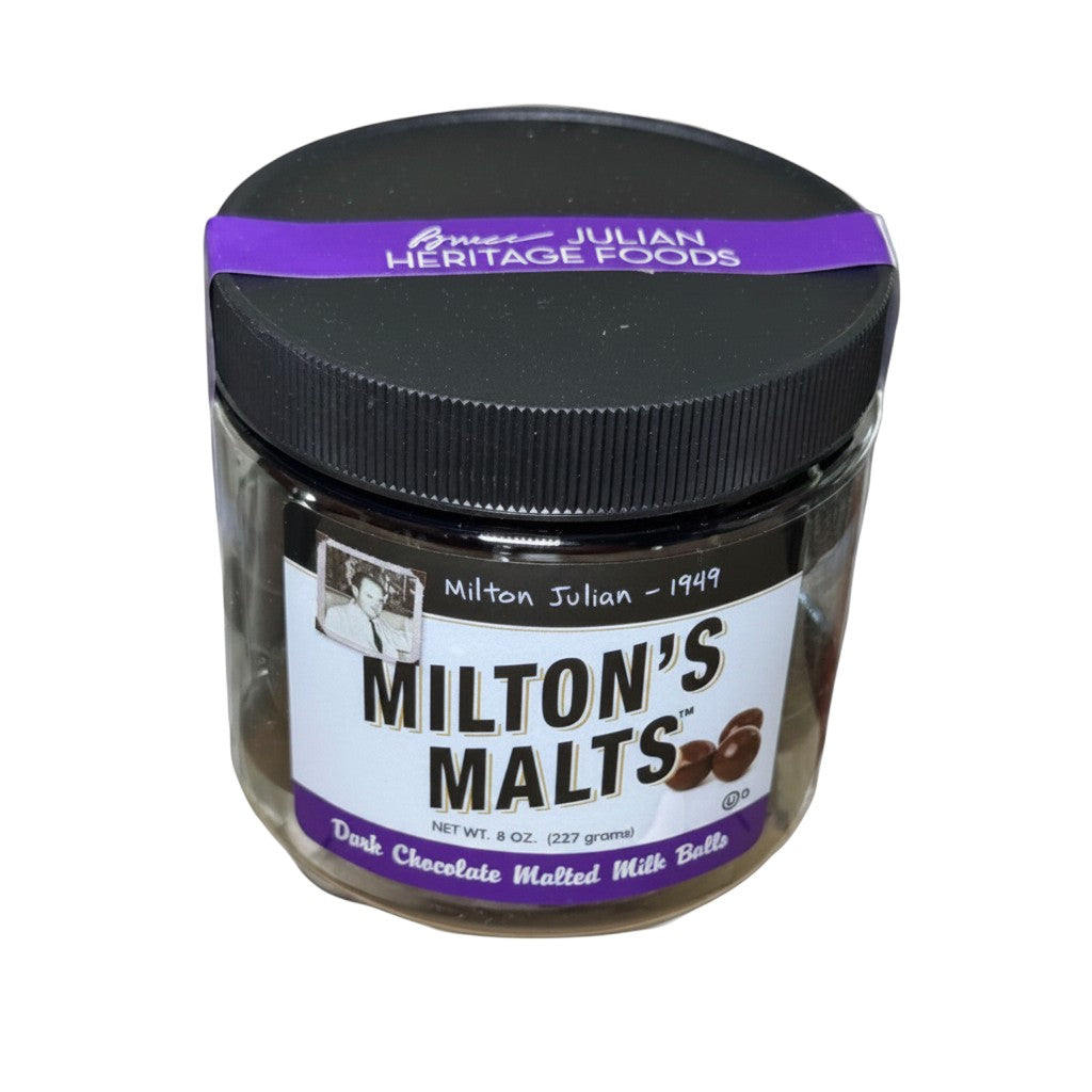 The Strawberry Shop's Bruce Julian Heritage Foods Milton's Malts dark chocolate malted milk balls in a glass jar.
