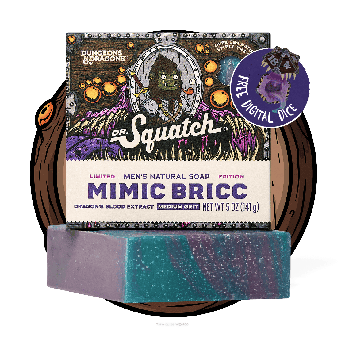 The Strawberry Shop Dr. Squatch D&amp;D Mimic Bricc medium-grit natural soap bar with purple and teal marbled design.
