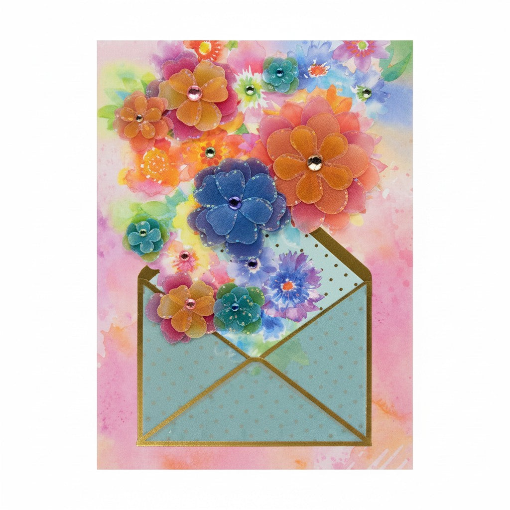 The Strawberry Shop Papyrus Mother's Day card with a light blue envelope overflowing with colorful floral embellishments and glitter.