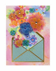 The Strawberry Shop Papyrus Mother's Day card with a light blue envelope overflowing with colorful floral embellishments and glitter.