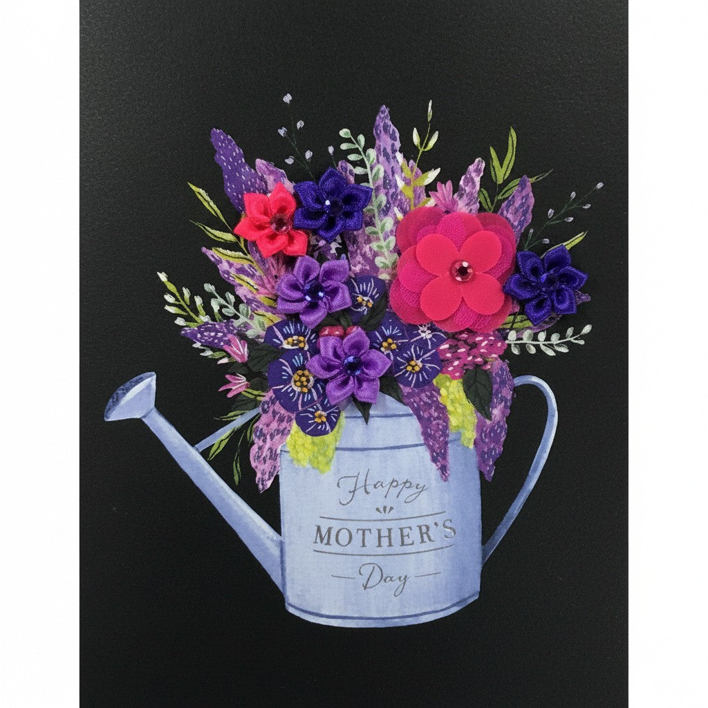 The Strawberry Shop Papyrus Mother's Day card with a watering can filled with purple, pink, and red flowers.