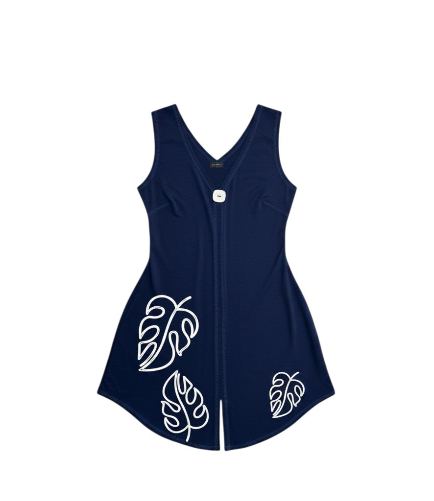 The Strawberry Shop navy viscose & elastane tunic top with V-neck, white button detail and Monstera leaf print.
