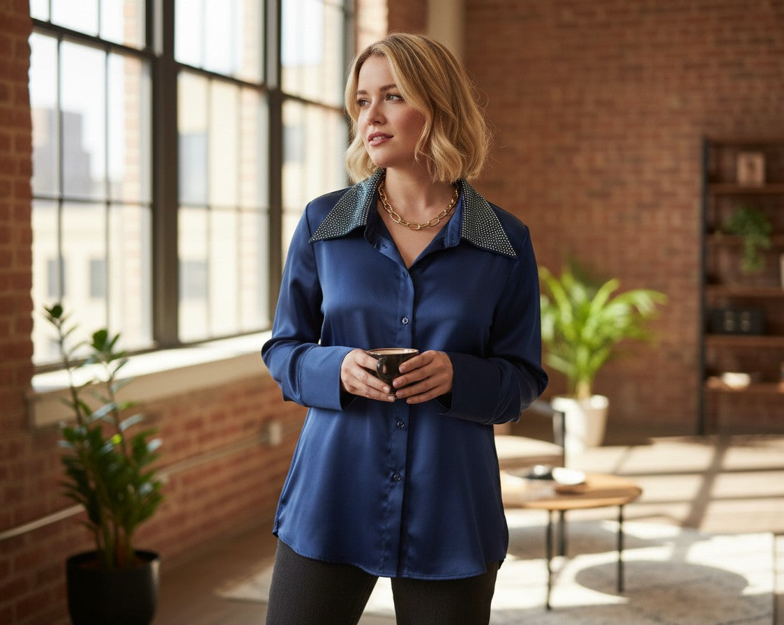 The Strawberry Shop navy blue satin blouse with rhinestone collar and button-up front.