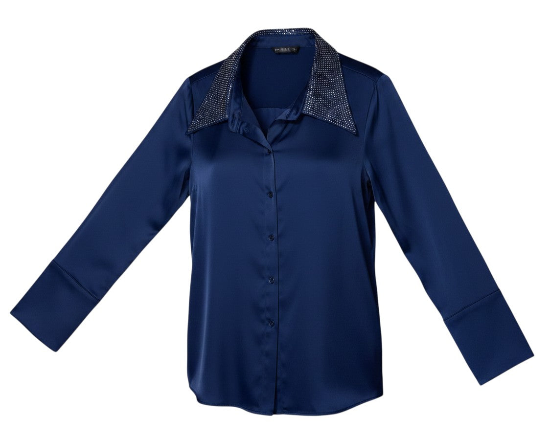 The Strawberry Shop navy blue satin blouse with rhinestone collar and button front. Long sleeves with wide cuffs.