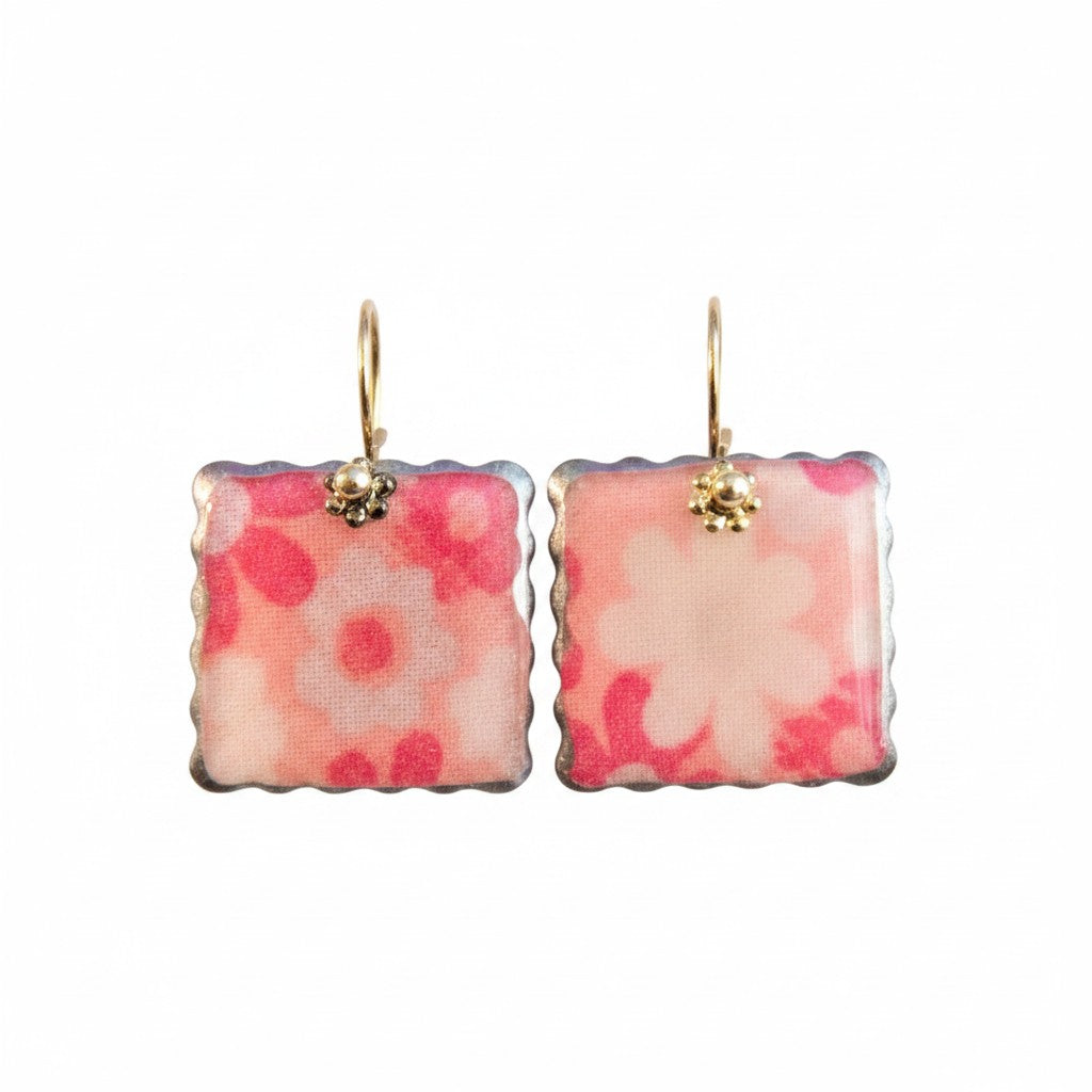 The Strawberry Shop pink floral square drop earrings with gold-tone hook findings.
