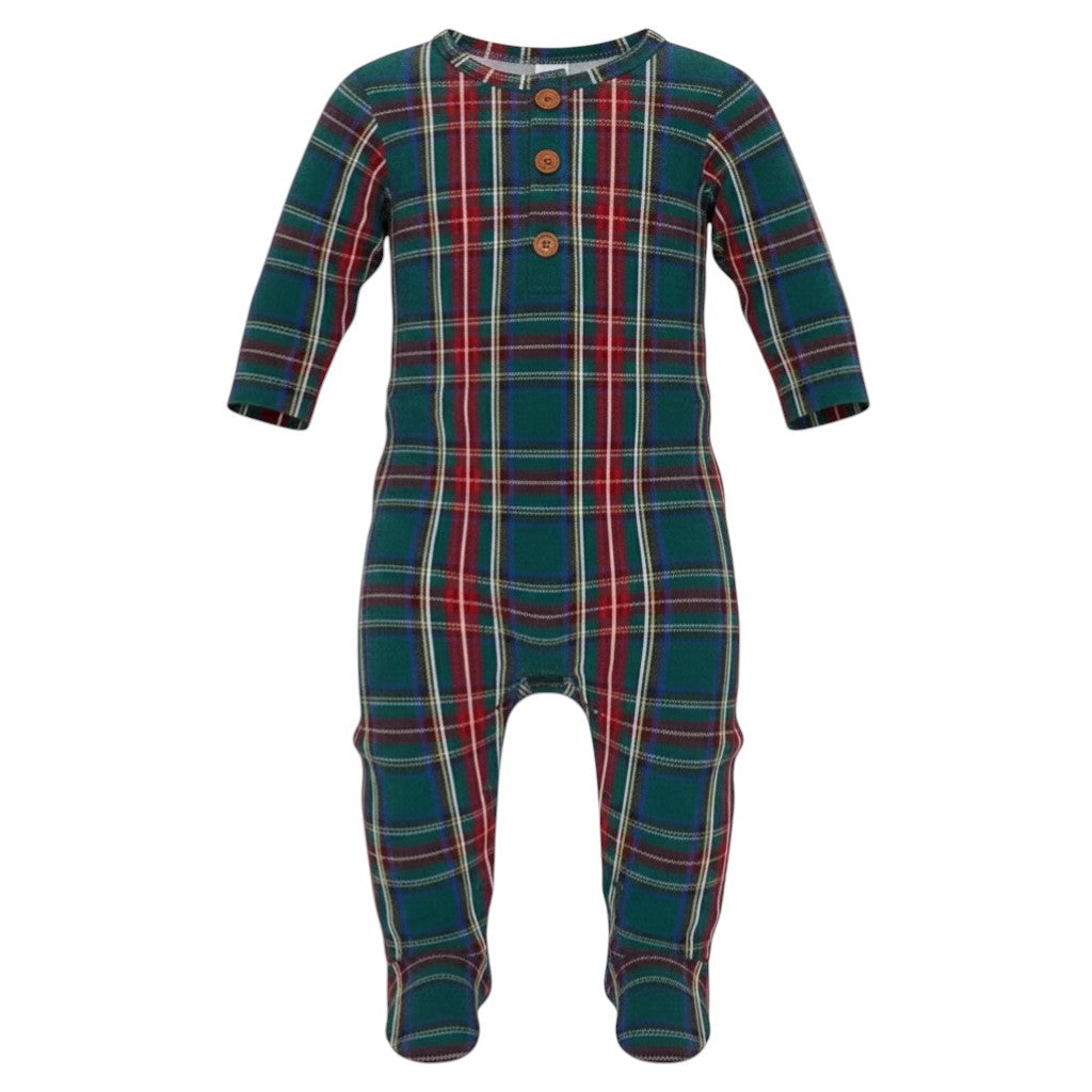 The Strawberry Shop green tartan plaid bamboo viscose henley romper with wooden buttons and snap closure.