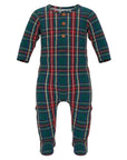The Strawberry Shop green tartan plaid bamboo viscose henley romper with wooden buttons and snap closure.