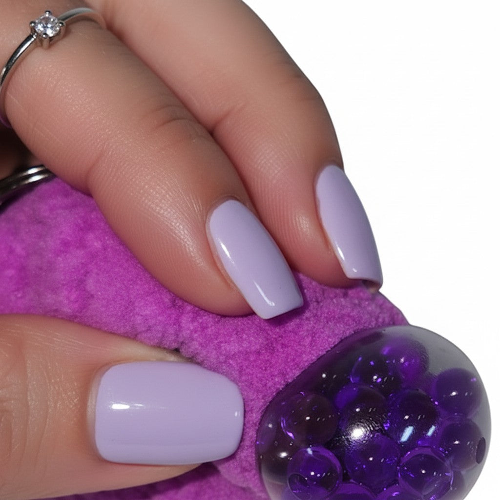 The Strawberry Shop purple crochet blob keychain with a textured chenille finish held in a hand with lilac nails.