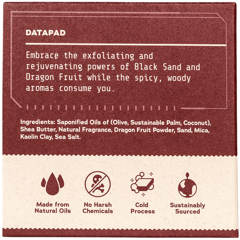 The Strawberry Shop Dr. Squatch Star Wars Ruthless Rinse soap packaging back with ingredient list and icons.