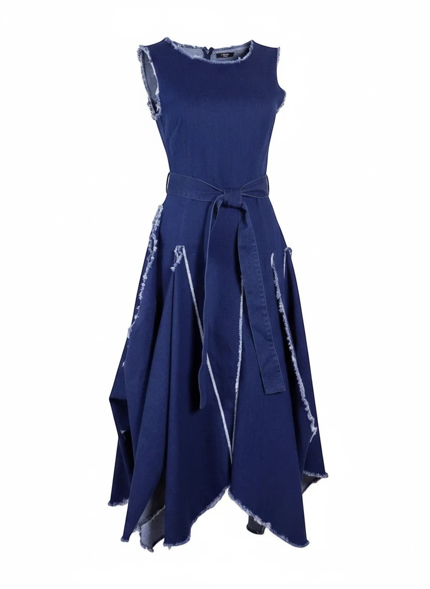 The Strawberry Shop Samuel Dong dark denim stretch dress with tulip ruffles, raw hem, zip back, and tie waist.