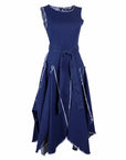 The Strawberry Shop Samuel Dong dark denim stretch dress with tulip ruffles, raw hem, zip back, and tie waist.