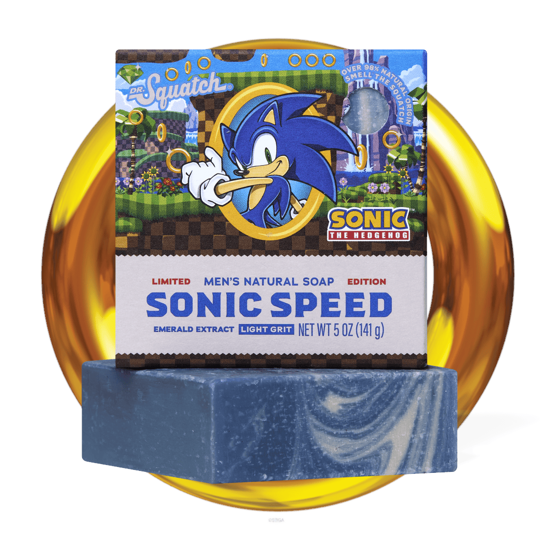The Strawberry Shop Dr. Squatch Sonic Speed light-grit bar soap with blue marbled texture and Sonic the Hedgehog box.