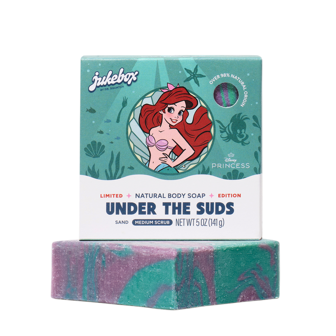 The Strawberry Shop Dr. Squatch Under The Suds soap bar with green and purple swirls and Ariel Disney packaging.
