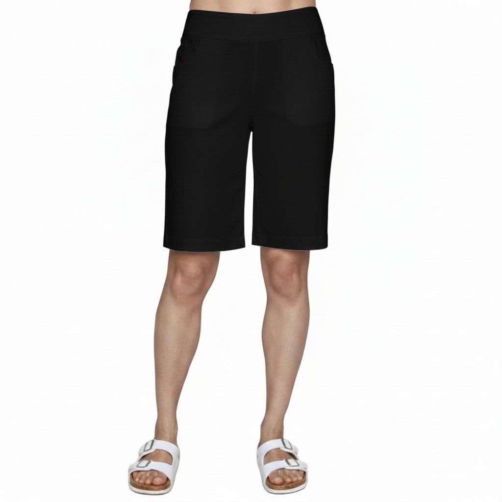 The Strawberry Shop white Bermuda shorts with 10 3/4" inseam, made from rayon, nylon, and spandex blend.