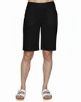 The Strawberry Shop white Bermuda shorts with 10 3/4" inseam, made from rayon, nylon, and spandex blend.