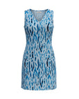 The Strawberry Shop La Mer Luxe sleeveless knit dress in navy and light blue abstract crane print. V-neck, mini length.