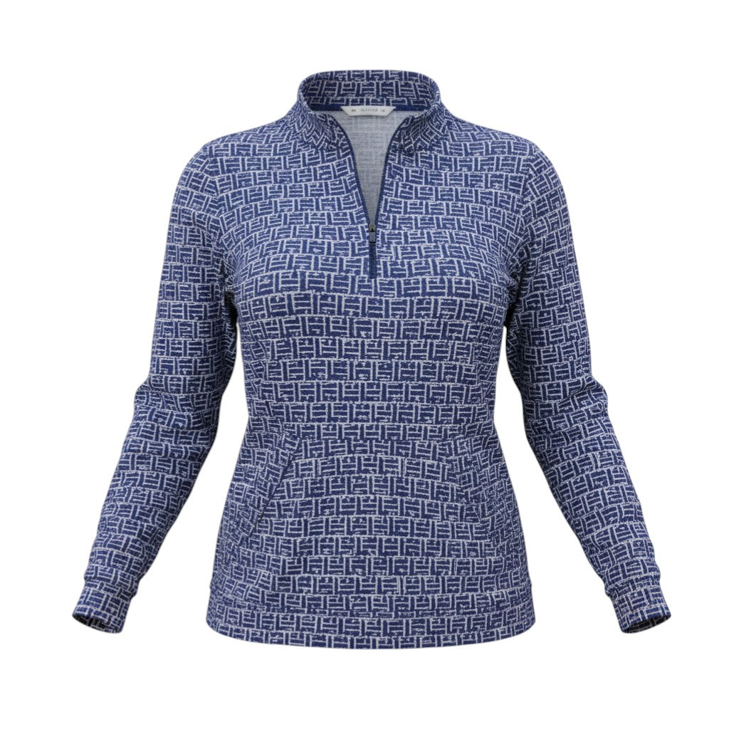 The Strawberry Shop navy and white geometric print polyester-spandex knit 3/4 sleeve Emory top with pockets and a ruffled collar.