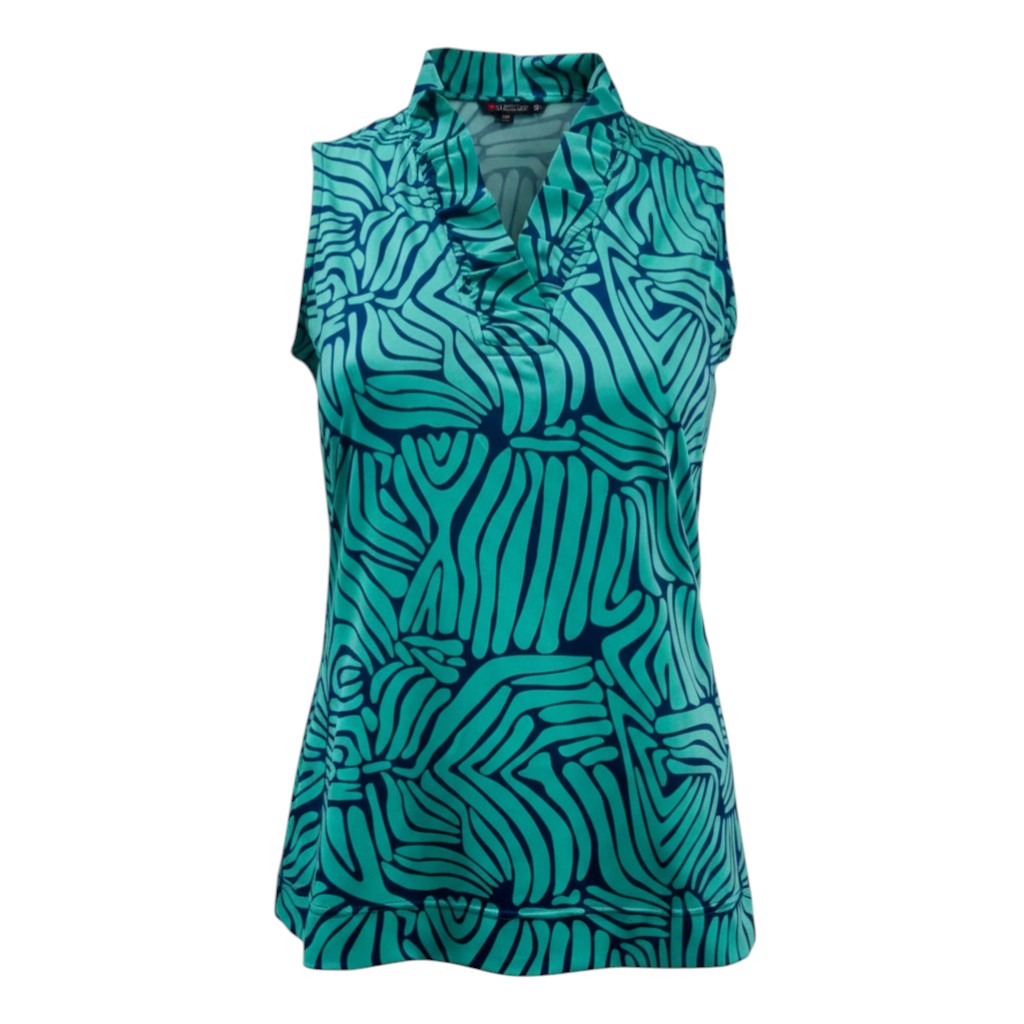 The Strawberry Shop La Mer Luxe Augusta sleeveless knit top in navy and aquamarine abstract print with ruffled V-neck.