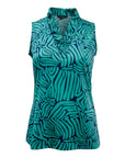 The Strawberry Shop La Mer Luxe Augusta sleeveless knit top in navy and aquamarine abstract print with ruffled V-neck.