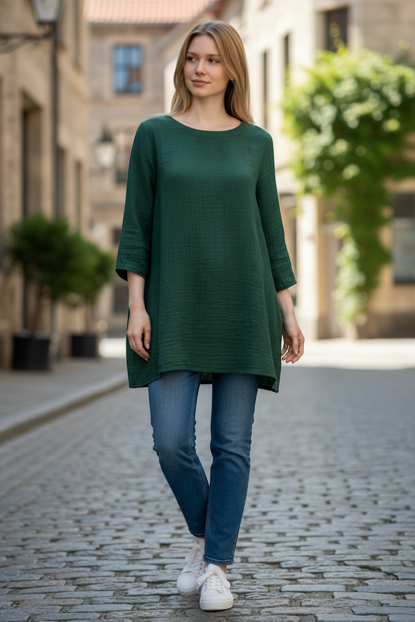 The Strawberry Shop green 100% cotton 3/4 sleeve tunic top with side frog button closure.