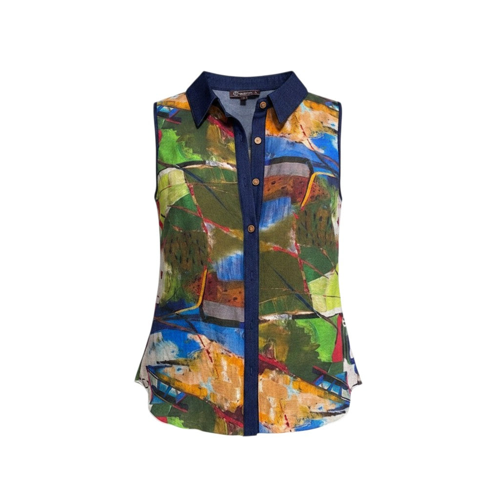 The Strawberry Shop sleeveless collared blouse with abstract art print, navy blue trim, and button front. Made from Tencel-nylon-linen blend.