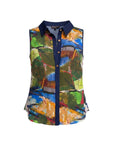 The Strawberry Shop sleeveless collared blouse with abstract art print, navy blue trim, and button front. Made from Tencel-nylon-linen blend.