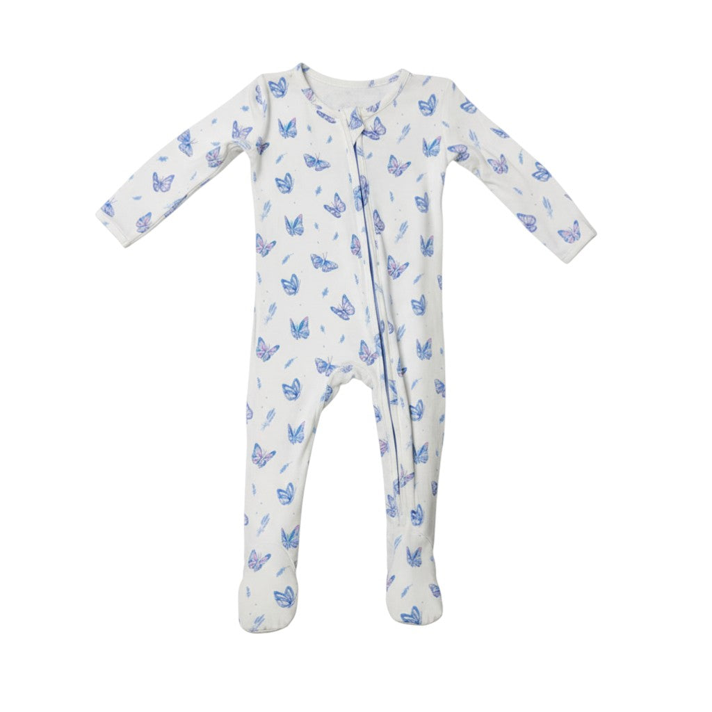The Strawberry Shop white bamboo footie with blue and purple butterflies and feather print. Convertible design with two-way zipper.