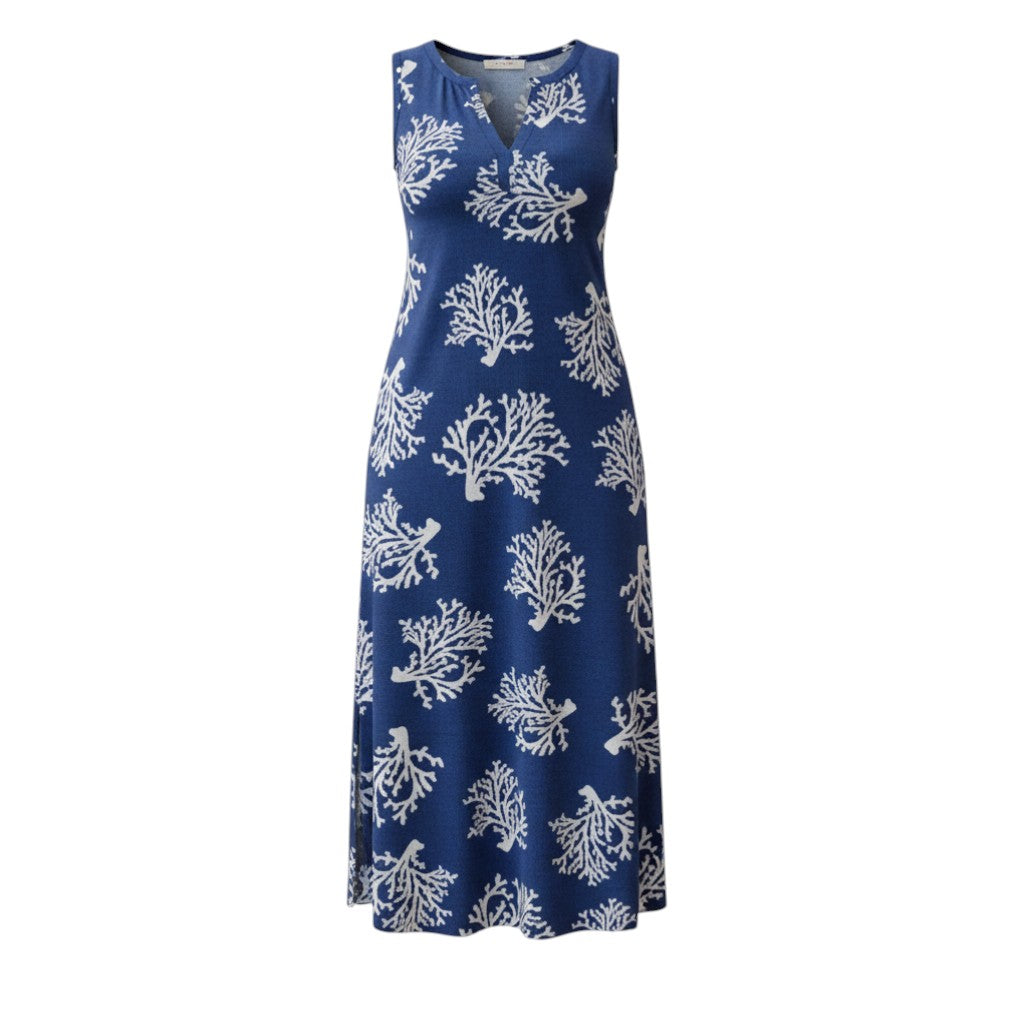 The Strawberry Shop La Mer Luxe Willa Midi Dress in Barrier Reef blue with white coral print, made of polyester and spandex.