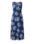 The Strawberry Shop La Mer Luxe Willa Midi Dress in Barrier Reef blue with white coral print, made of polyester and spandex.