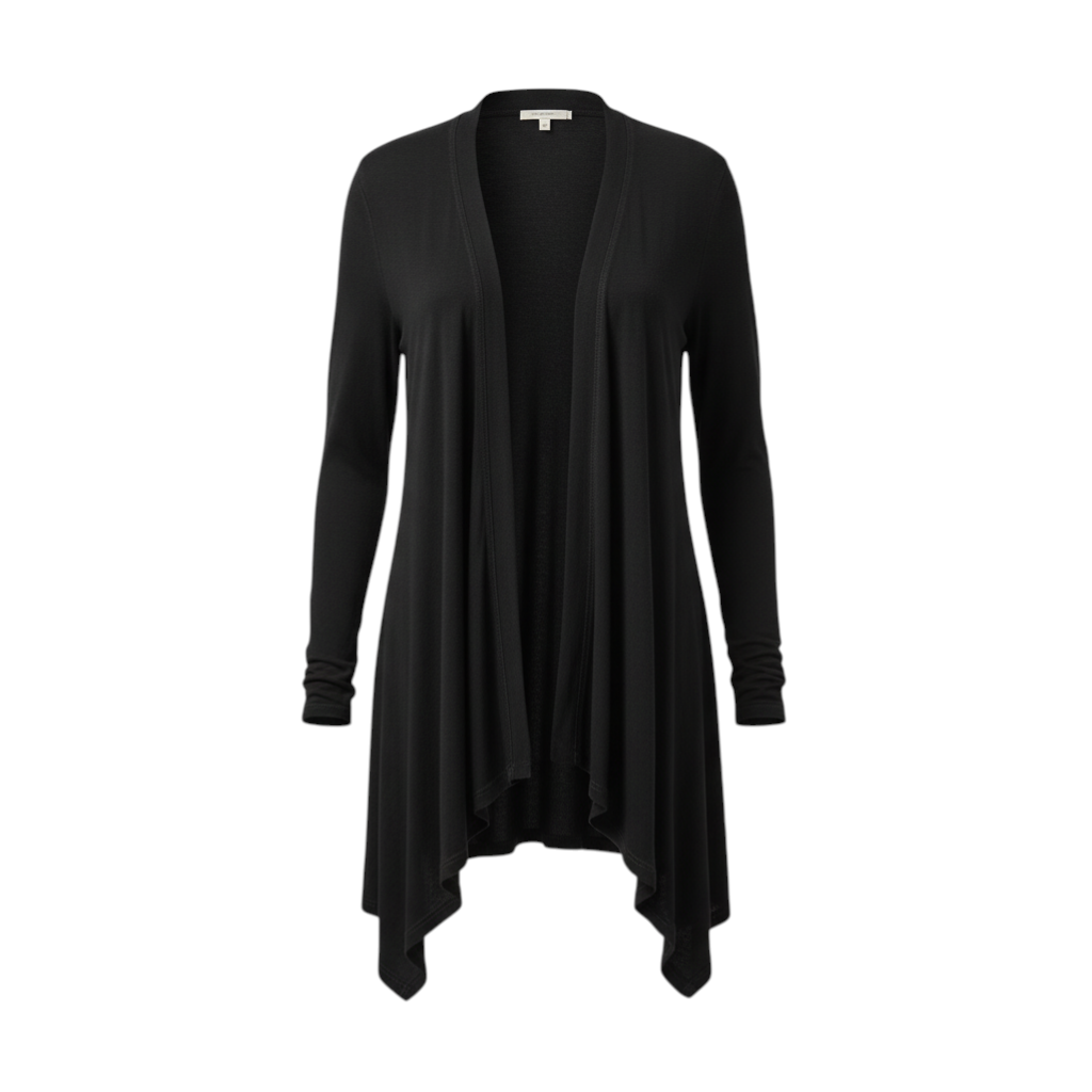 The Strawberry Shop black viscose-spandex blend open front cardigan with long sleeves and a high-low tapered hem.