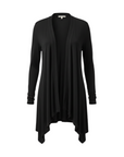 The Strawberry Shop black viscose-spandex blend open front cardigan with long sleeves and a high-low tapered hem.