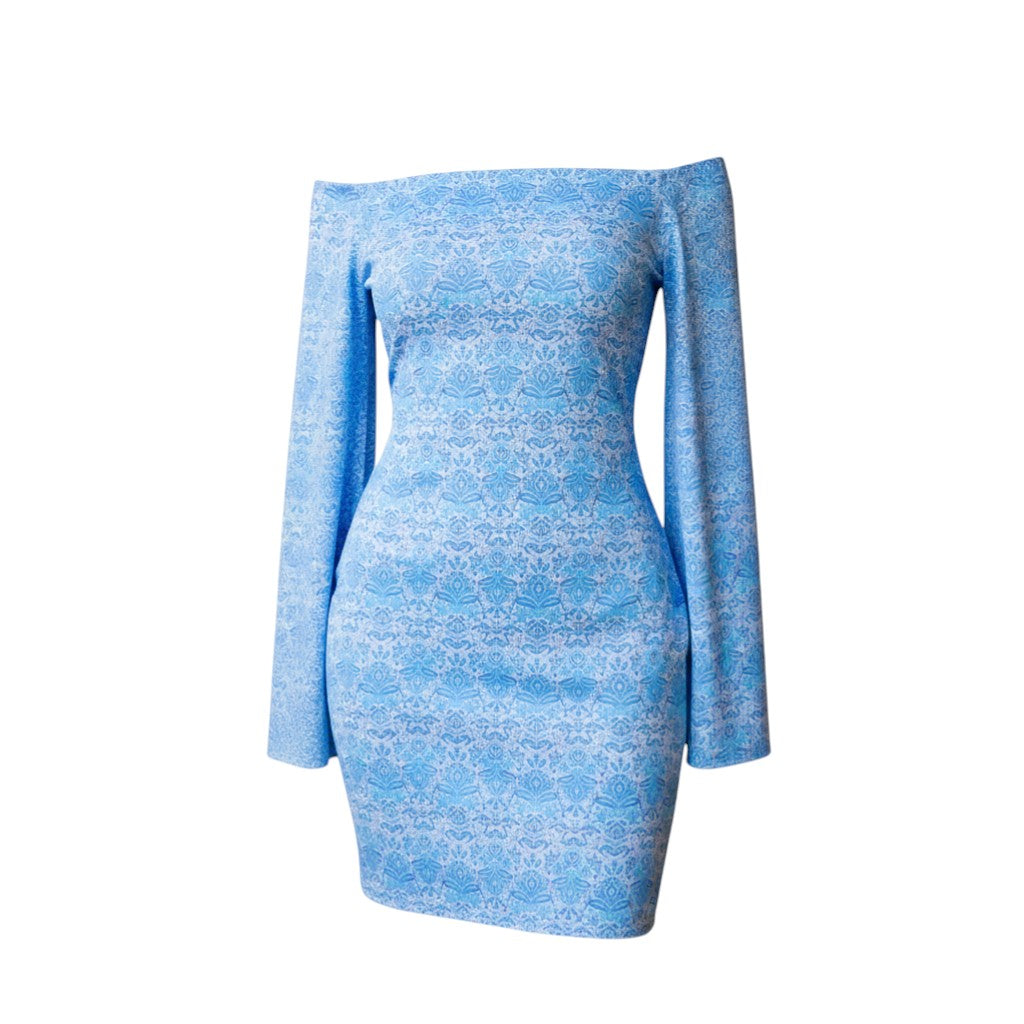 The Strawberry Shop La Mer Luxe Ashby dress in blue with white pattern, off-the-shoulder 3/4 sleeves with slits, polyester-spandex blend.