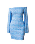 The Strawberry Shop La Mer Luxe Ashby dress in blue with white pattern, off-the-shoulder 3/4 sleeves with slits, polyester-spandex blend.