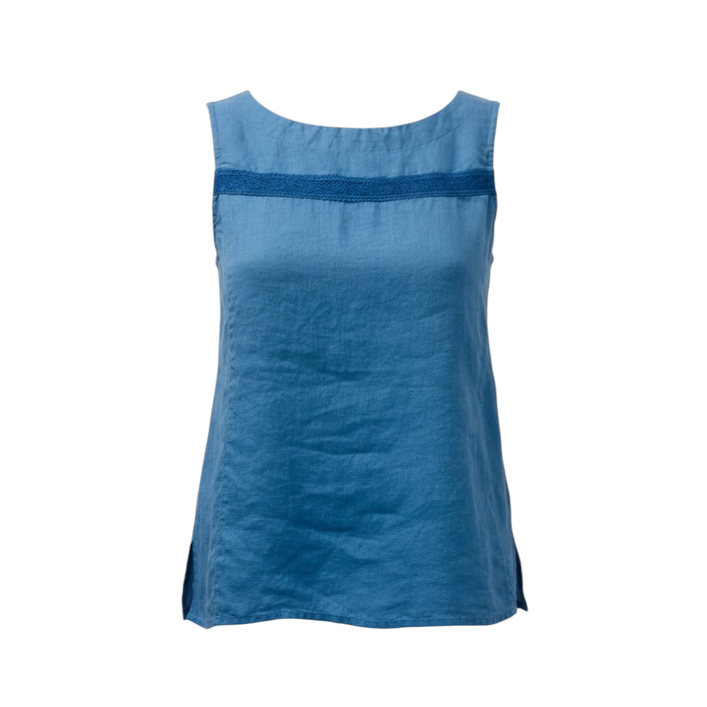 The Strawberry Shop blue A-line linen tank top with embroidered neckline detail. 100% linen.