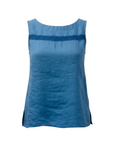 The Strawberry Shop blue A-line linen tank top with embroidered neckline detail. 100% linen.