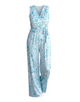 The Strawberry Shop La Mer Luxe Winifred jumpsuit in Caribbean blue with a tropical leaf print. Sleeveless, wrap-front design with a tie waist.