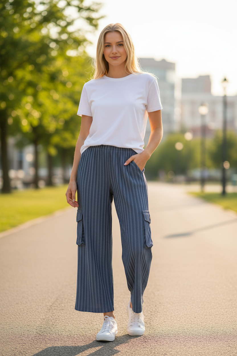 The Strawberry Shop Citron Bleu lightweight blue pinstripe cropped pants with side pockets.