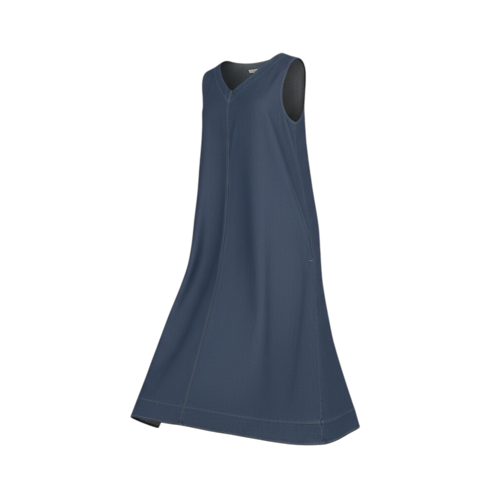 The Strawberry Shop Citron Bleu blue sleeveless V-neck maxi dress with a denim-like texture.