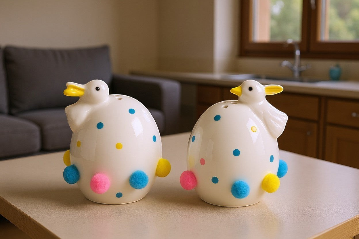 The Strawberry Shop white ceramic Easter egg shaped salt and pepper shakers with duck heads, blue, pink, and yellow pom-poms.