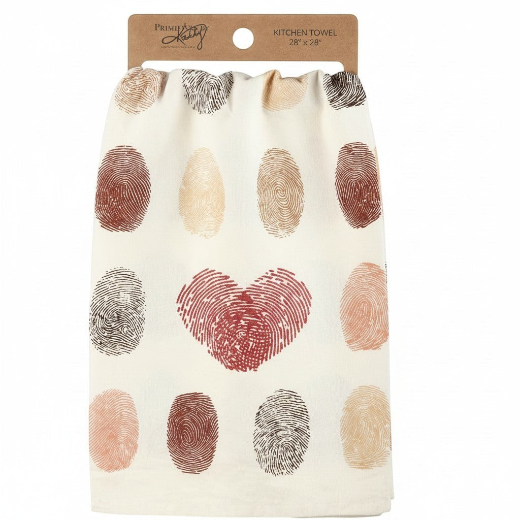 The Strawberry Shop cream cotton kitchen towel with diverse fingerprint print and a red glitter heart.