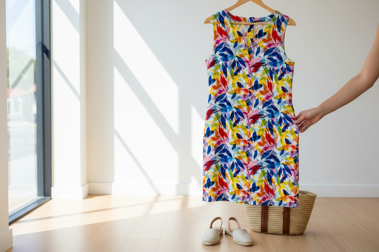 The Strawberry Shop Foil Sun-Sational sleeveless linen dress with a vibrant multicoloured leaf print and knee-length silhouette.