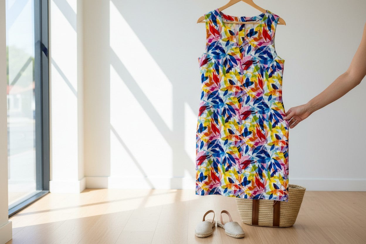 The Strawberry Shop Foil Sun-Sational sleeveless linen dress with a vibrant multicoloured leaf print and knee-length silhouette.