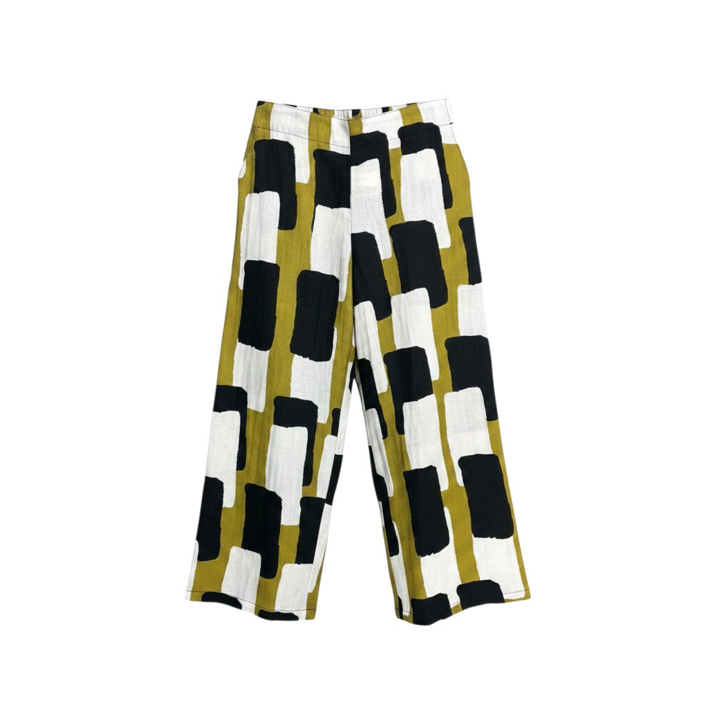 The Strawberry Shop Foil Pants FO6918: Wide-leg cropped pants with a bold abstract print in olive green, black, and white.