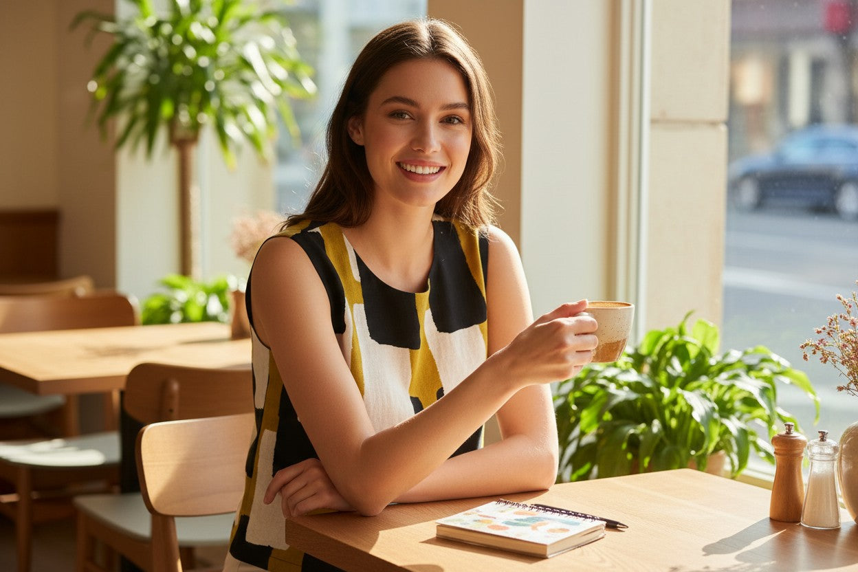 The Strawberry Shop Foil Top FO6917: Sleeveless scoop neck top with abstract black, white, and mustard yellow block print.