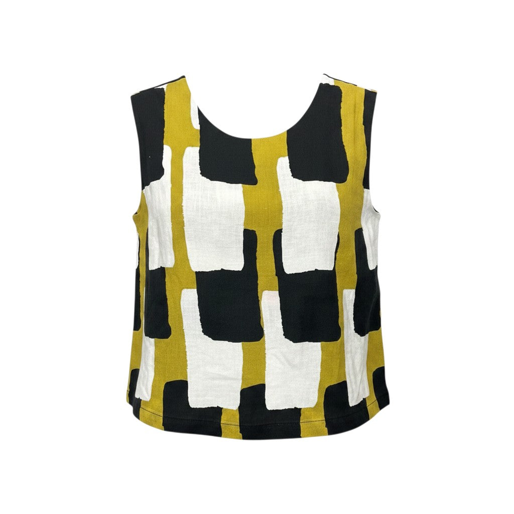 The Strawberry Shop Foil Top FO6917: Sleeveless mustard yellow top with a black and white abstract block print. Relaxed fit.