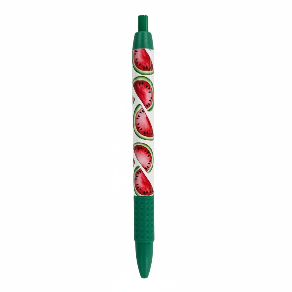 The Strawberry Shop Snifty pens with fruit designs: watermelon, popsicle, cherry, and strawberry. Each pen has a unique grip color.
