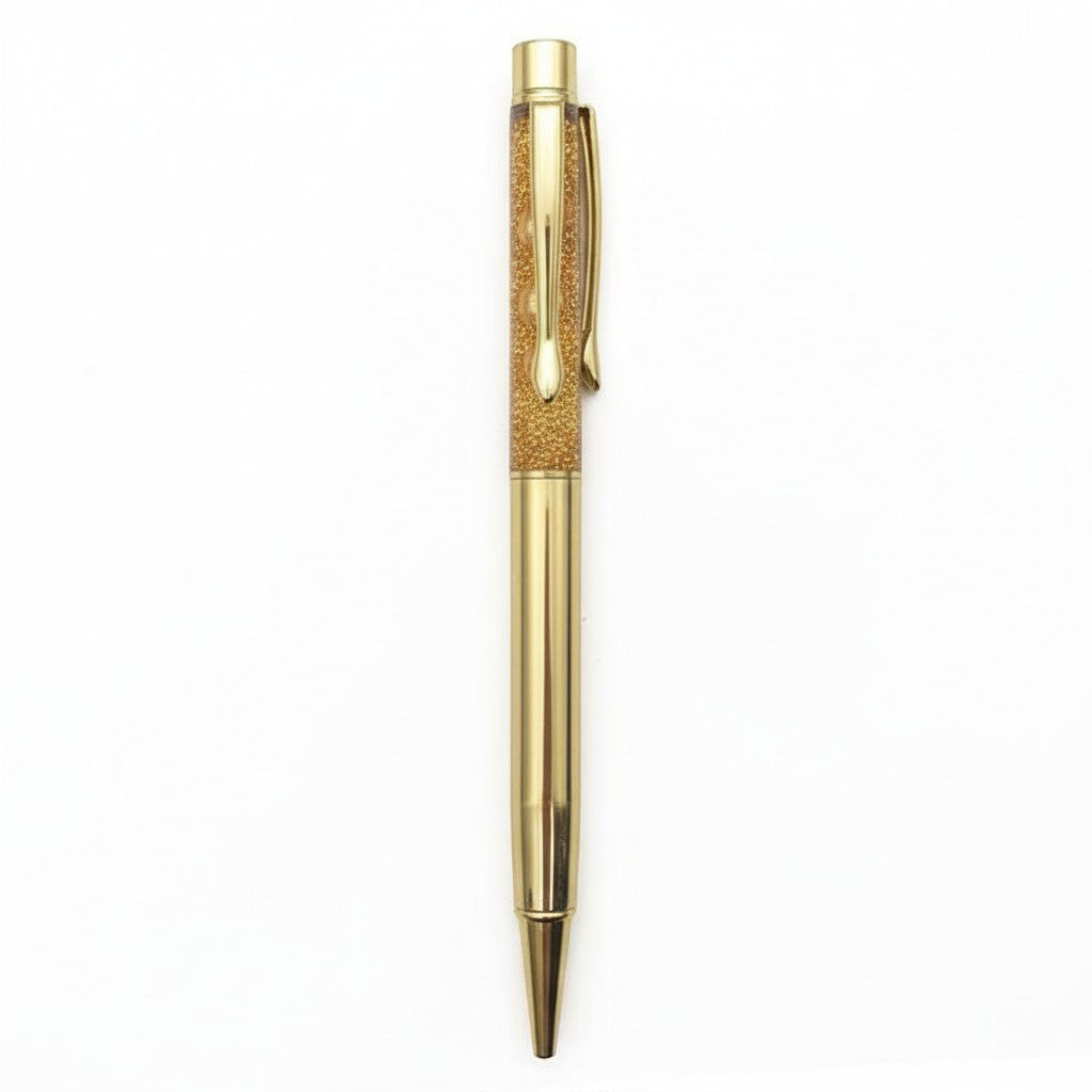 The Strawberry Shop Snifty Glitter Pen, gold metal barrel with a clear grip filled with gold glitter.