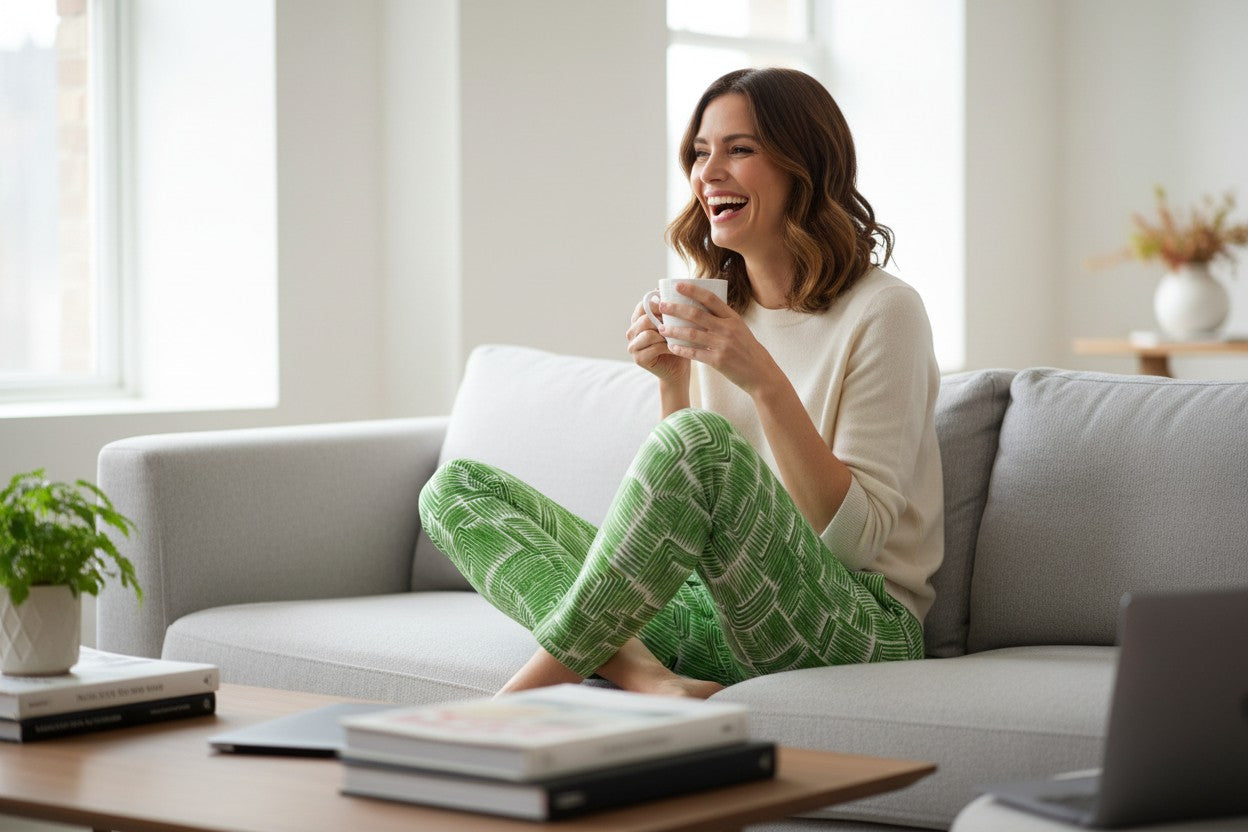 The Strawberry Shop green and white abstract print foil pants with a slim fit.